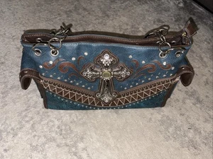 Verdeckte Tragetasche Strass Nieten Tasche Cowgirl Western Türkis/Braun G1 - Bild 1 von 11