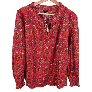 Talbots Plus Petite Women XP Red Paisley Floral Print Lattice Ruffle Neck Blouse - Picture 1 of 10