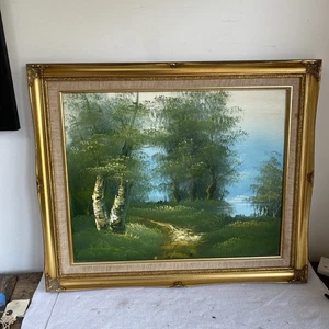 Olio su tela con cornice dorata vintage scena bosco opera d'arte originale 62x51 cm - Foto 1 di 9
