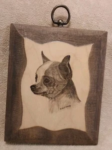 CHIHUAHUA Zeichnung / Druck signiert von Earl Sherwan ~ kleiner Holz Wandbehang - Bild 1 von 5