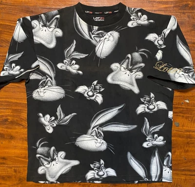 Lote 29 Camiseta Looney Tunes AOP Bugs Bunny Pato Lucas Negra/Blanca Y2K Brillo Talla L Foto 1 de 4