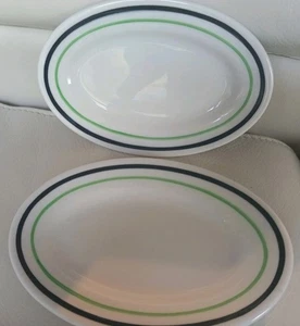 2 Vintage Oval Shenango Porzellan Teller 6,25" Schwarz & Grün Bänder Restaurantgeschirr  - Bild 1 von 5
