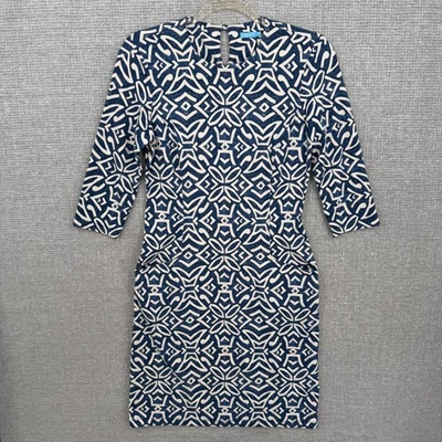 Vestido Vaina J McLaughlin Azul Marino Blanco Estampado Geo Manga 3/4 Para Mujer XS Elástico Foto 1 de 4