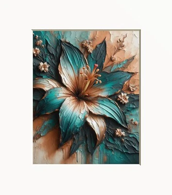 Teal Beige Lily Flower Matted Wall Art for Bathroom or Bedroom Walls - Image 1 of 4