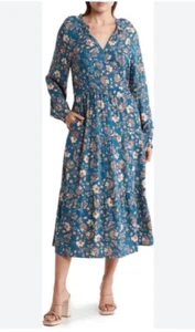 Lucky Brand Teal Floral Long Sleeve Peasant Bohemian Maxi Dress Womens XL NEW - Picture 1 of 12