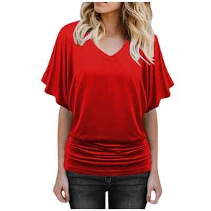Women's Solid Short Sleeve V Neck Dolman Tops Summer Blouse with Side Shirring - Picture 1 of 34