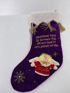 Weihnachtsstrumpf Engel 3D Carlton Karten lila verziert Vintage - Bild 1 von 8