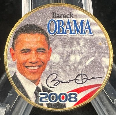 2008 Barack Obama Gold Plated Colorized Genuine US Kennedy Half Dollar C1 - Image 1 of 2