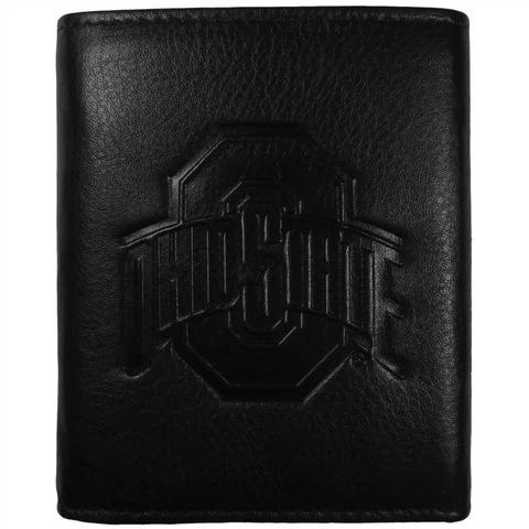 Ohio State Buckeyes Tri-Fold Leather Wallet Embossed Black NCAA College Sports Cover
