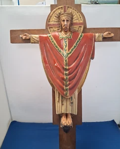 Vintage Wooden Cross Depicting Jesus Christ on the Cross 18" with hanging hook - Picture 1 of 5