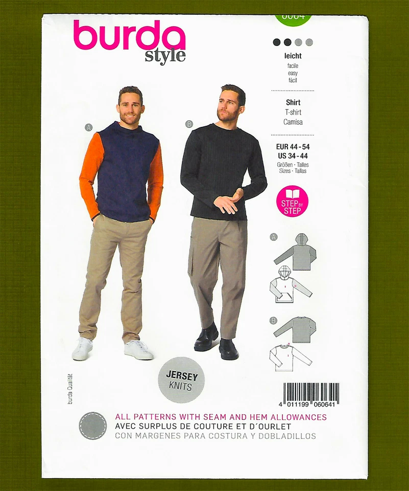 Pullover Sweatshirt or Hoodie Sewing Pattern Men (Sizes 34-44) Burda 6064