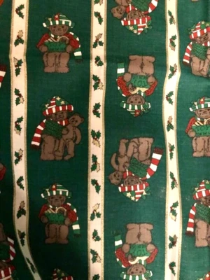 Christmas Teddy Bears Wearing Green Sweaters & Holly Metallic Gold Stripe 35" - Image 1 of 4