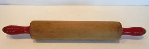 Vintage Munising 17.5” Maple Wood Rolling Pin With Red Turned Handles - Signed - Picture 1 of 7