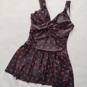 Grace Karin Retro Black Cherry Print Swimsuit L Skirted Ruched One Piece - Picture 1 of 10