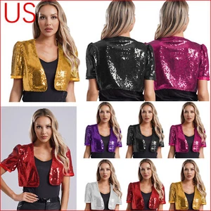 Women's Glitter Sequin Shrug Open Front Disco Cardigan Cropped Bolero AU - Picture 1 of 52