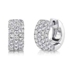 14K White Gold Diamond Huggie Earrings 1.17 CT Round Cut Pave Set Natural