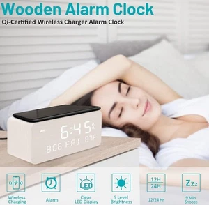 MOSITO Digital Wooden Alarm Clock with Wireless Charging, 0-100% Dimmer, Dual - Picture 1 of 5