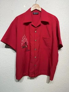 Johnny Suede Shirt Mens Large Red Bowling Camp Button Embroidered Martini Flames - Picture 1 of 10