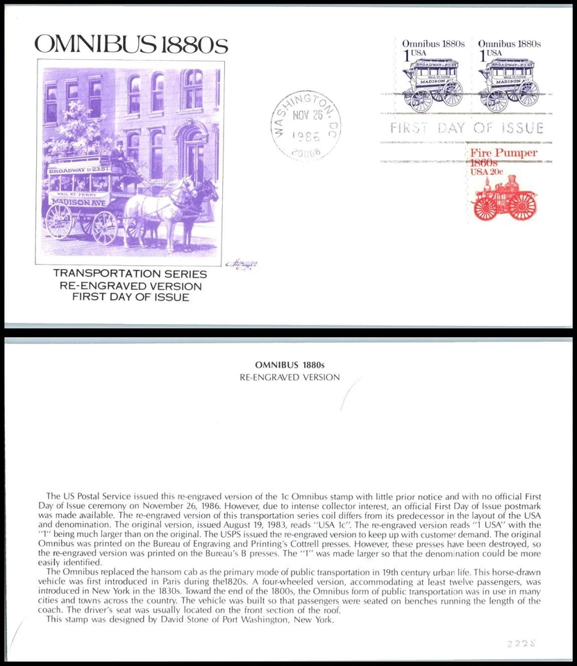 1986 Omnibus 1880s Sc 2225 FDC Artmaster Transportation horse-drawn city transit - Image 1 of 1
