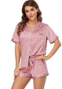 Women's Satin Pajama Set 2-Piece Sleepwear Loungewear Button Down Short Sleev... - Picture 1 of 6