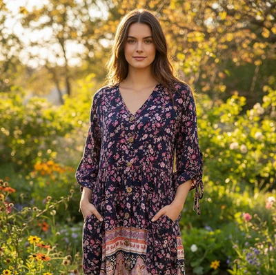 Caroline Morgan Short Dress Size 8 / 10 Navy Multicoloured Floral Button-up - image 1 of 4