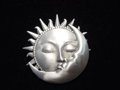 "JJ" Jonette Jewelry Silver Pewter SUN Kissing MOON Pin - Image 1 of 2