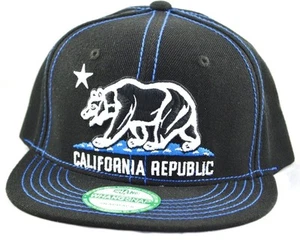 California Republic Snapback-Cali Bear-Black Cap with Blue Thread - Picture 1 of 1