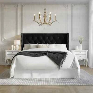 Button Tufted Backboard Velvet Classic Panel Bed King Black Bed Frame Wooden - Picture 1 of 4