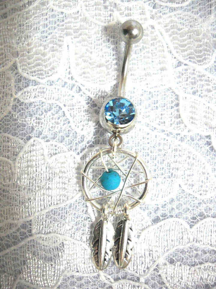 NATIVE SPIRIT DREAM CATCHER com CONTA AZUL TURQUESA E 2 PENAS 14g ANEL BARRIGA - Imagem 1 de 1