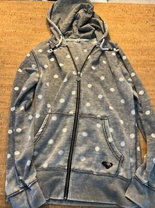 Roxy Damen Sweatshirt Large grau weiß Poka Dots Hoodie durchgehender Reißverschluss Kordelzug - Bild 1 von 5