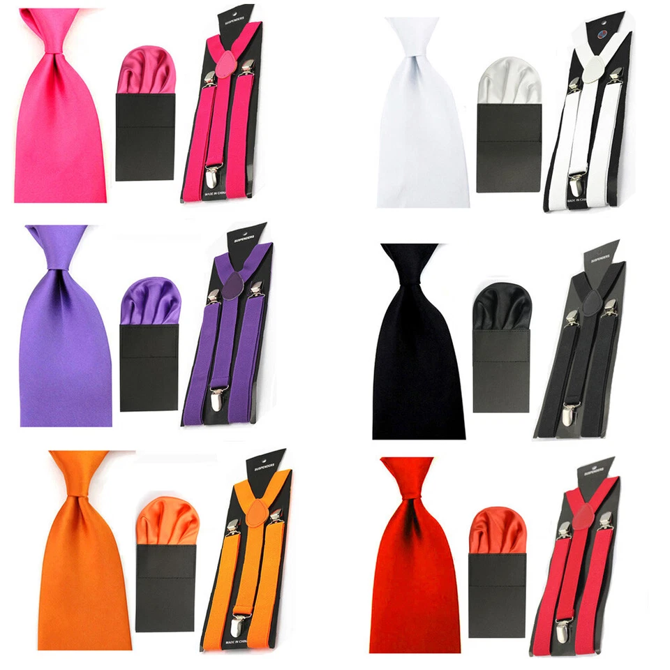 Men Satin Bowtie 8cm Wide Neck Tie Scalloped Pocket Square Braces Suspender Set - Image 1 of 1
