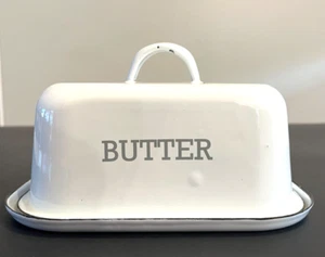 VINTAGE LARGE RETRO FARMHOUSE WHITE ENAMELWARE BUTTER DISH w/LID-BLACK TRIM - Picture 1 of 10