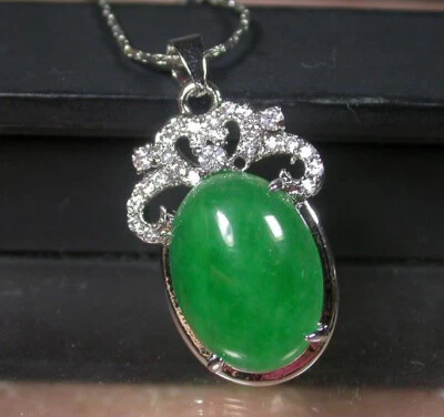 Real Green Jade Cabochon Cubic Zirconia Flower Dragon 18KGP Pendant Necklace - Изображение 1 из 4