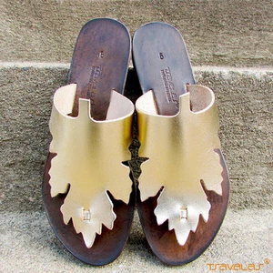 Women's Designer Gold Leather Grape Leaf Slip On Flat Sandals Made in Greece - Picture 1 of 3