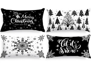 Black White Christmas Lumbar Throw Pillow Covers Winter Snowflake 12x20 - Picture 1 of 6