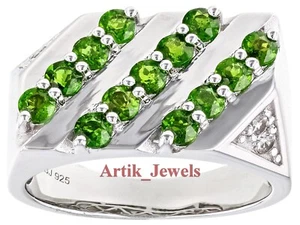 Natürlicher Tsavorit Edelstein mit 14K Weißgold vergoldet Silber Ring für Herren #889 - Bild 1 von 12