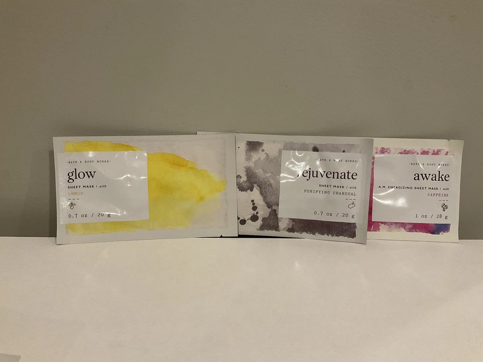 *PAQUETE DE 3* MASCARILLAS FACIALES Bath & Body Works Brillan+Rejuvenecen+Awake Cafeína Carbón Foto 1 de 1
