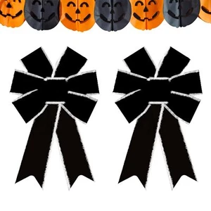 2PCS Halloween Wreath Bows for Front Door Black Velvet Tree Topper Bows Hallo... - Picture 1 of 5