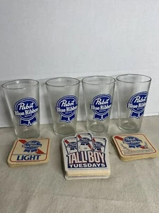 4 Vintage Pabst blaues Band PBR Bier Glas Pint & 11 Vintage Untersetzer 1992 + 9 weitere - Bild 1 von 6