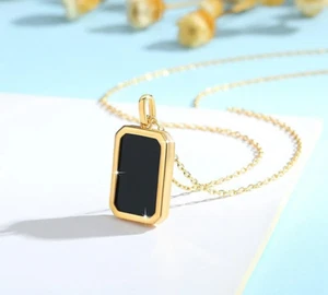 18K Gold Natural Black Agate DogTag Pendant Necklace Gift - Picture 1 of 8