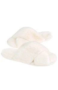 White Fluffy Fur Slippers Cross Band Open Toe Comfy Slides For Women 8.5-9 US - Picture 1 of 3