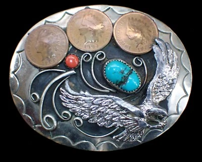 DE COLECCIÓN NA HEBILLA DE CINTURÓN CON ÁGUILA CORAL, TURQUESA Y CENTAVOS CABEZA INDIA Foto 1 de 2