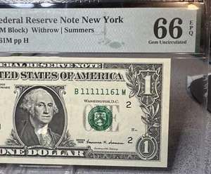 1999 $1 Federal Reserve Note PMG 66 EPQ fancy near solid serial number 11111161 - Picture 1 of 8