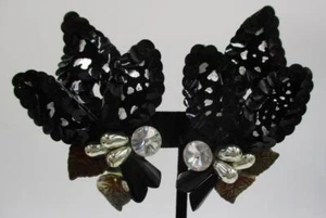 Vtg Large Statement Runway Silver Black Sequin Leafs Earrings Pageant Formal - Picture 1 of 1