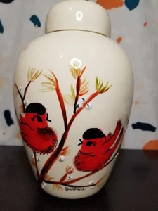 Vintage MCM 1976 Duncan Hand Painted Big Eyed Red Birds Ginger Cookie Jar Signed - Picture 1 of 11