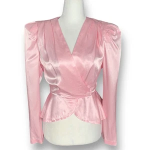 Blusa Vintage All That Jazz Rosa Satén Peplum Cuello en V Años 80 Glam Blazer Reloj de Arena  - Imagen 1 de 12