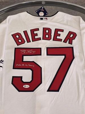 Shane Bieber Autographed/Signed Jersey Beckett Sticker White Jersey - Image 1 of 4