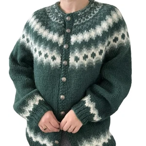 NWOT The Handknitting Association of Iceland Wool Green Fair Isle Cardigan Sz L - Picture 1 of 9