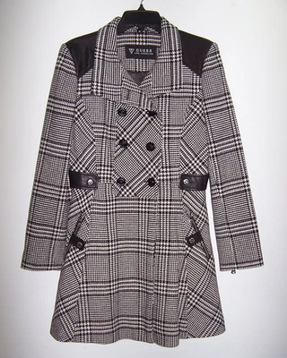 Guess, Black & White Houndstooth Wool Blend Peacoat, Faux Leather Trim Size M - Image 1 of 4