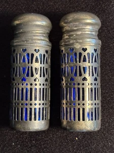 GODINGER Filigree Cobalt Blue Glass Salt Pepper Shakers Vintage Art Deco - Picture 1 of 11